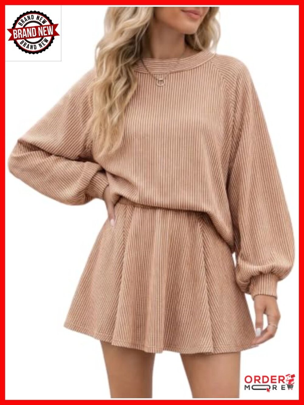 Women 2 Piece Striped Knit Skirt Set Balloon Sleeve Outfit